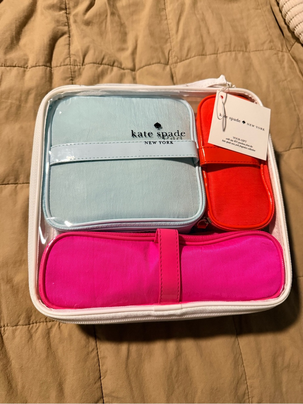 Kate Spade Cosmetic Bag Collection Set of 3, Light Blue, Hot Pink & Red-Orang